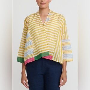 INJIRI Cotton Lightweight Women’s Rasa Jacket in Yellow & White Stripe Size S